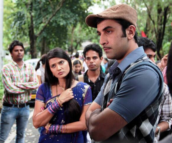 Ranbir Kapoor and Kratika Sengar listen attentively as the director gives them instructions.