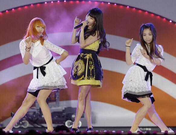 South Korean K-pop girl singer IU, center, performs during the Incheon K-pop concert in Incheon, west of Seoul.