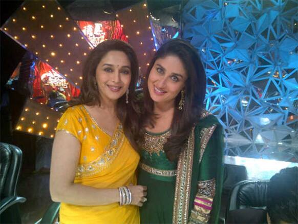 Karan Johar tweeted this photograph of Madhuri Dixit and Kareena Kapoor from the sets of 'Jhalak Dikhla Jaa'. Kareena was on the show to promote her film 'Heroine'.