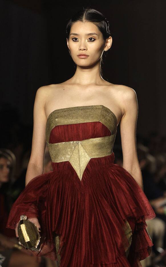 A model wears a design from the Marchesa Spring 2013 collection at Fashion Week in New York.