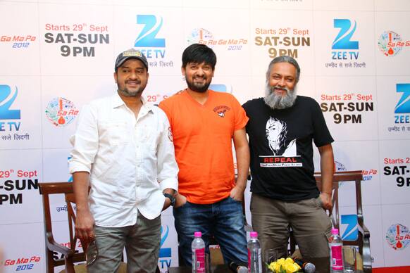 Music director duo Sajid-Wajid and rock band Indian Ocean vocalist-bassist Rahul Ram at the 'Sa Re Ga Ma Pa' press conference in New Delhi.