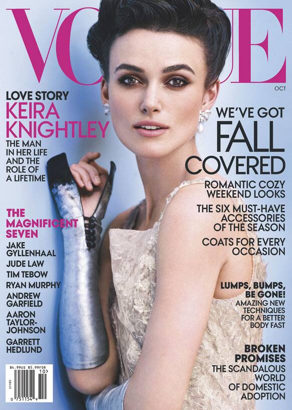 This cover image released by Vogue shows actress Keira Knightley on the cover of the October issue of 