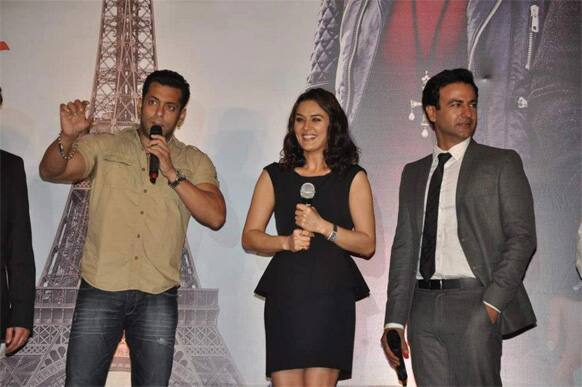 Salman Khan, Preity Zinta and newcomer Rhehan Malliek during the music launch of 'Ishkq In Paris'. 