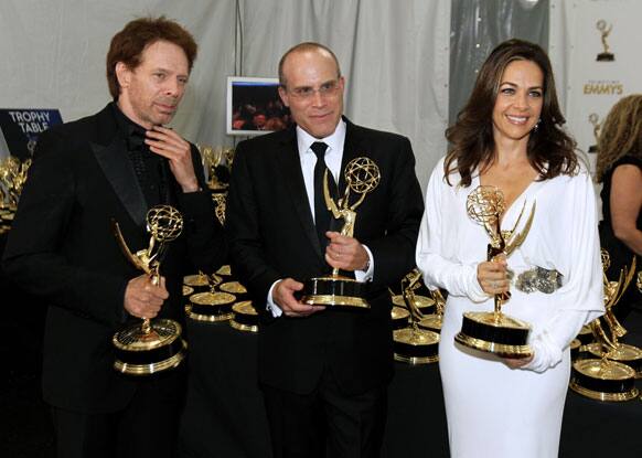 Producer Jerry Bruckheimer, from left, Jonathan Littman and Elise Doganieri, winners of the Outstanding Reality-Competition Program for 