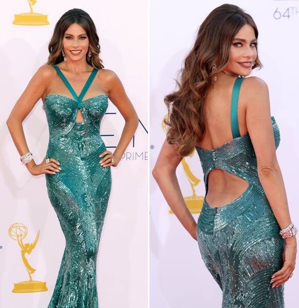 Sofia Vergara arrives at the 64th Primetime Emmy Awards at the Nokia Theatre, in Los Angeles.