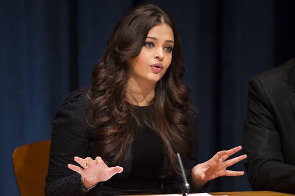 Actress Aishwarya Rai speaks to the media after being named a Goodwill Ambassador at UN headquarters.