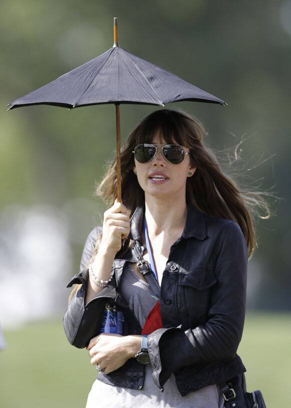 Actress Jessica Biel watches the celebrity scramble event at the Ryder Cup PGA golf tournament at the Medinah Country Club in Medinah, Ill.