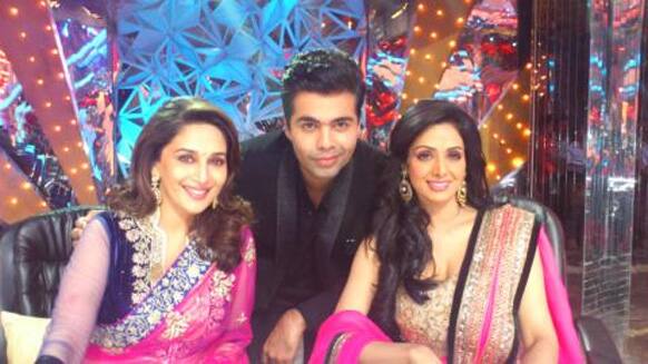 Karan Johar tweeted his picture with Madhuri Dixit and Sridevi on the sets of 'Jhalak Dikhla Jaa'. The two divas shared the stage for the first time on grand finale of the show. 