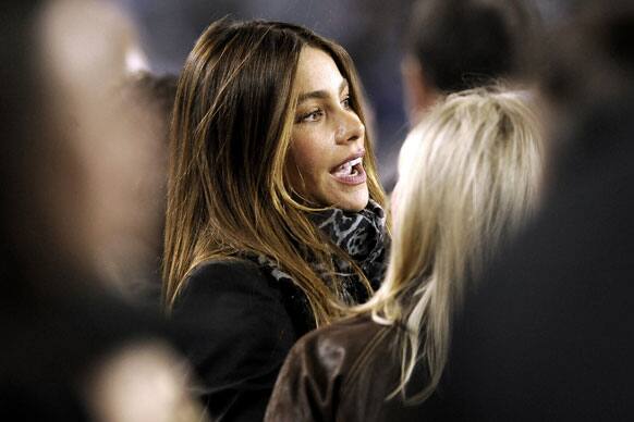 Actress Sofia Vergara looks on before an NFL football game between the Philadelphia Eagles and the New York Giants in Philadelphia.