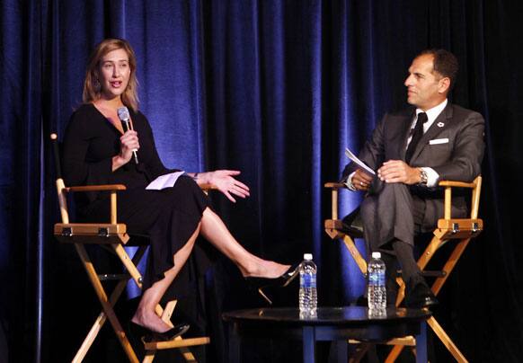 Amy Powell, Executive Vice President of Interactive Marketing for Paramount Pictures, left, and Matt Jacobson, Head of Market Development for Facebook, participate in a panel at Advertising Week in New York.