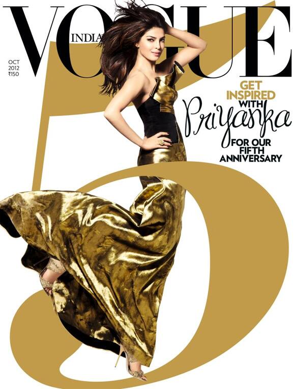 Priyanka Chopra features on the cover of Vogue magazine's 5th anniversary issue. The magazine has roped in Sonam Kapoor,Deepika Padukone,Anushka Sharma, Katrina Kaif and Priyanka to feature in the anniversary issue.