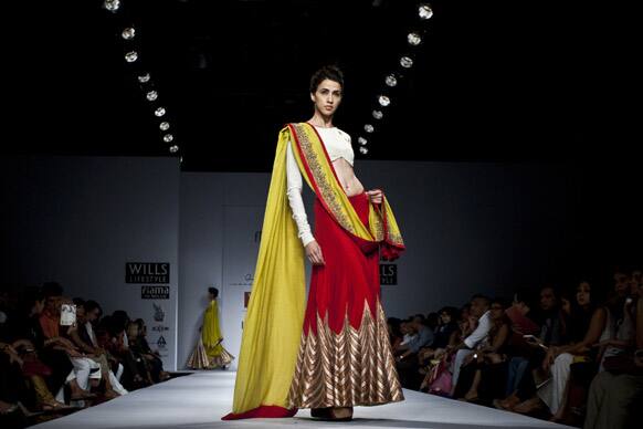 A model displays a creation by Anand Kabra during the Wills Lifestyle India Fashion Week in New Delhi.