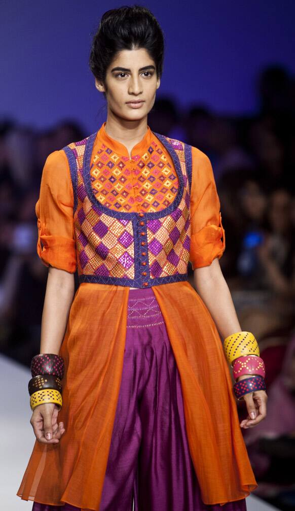 A model displays a creation by Payal Pratap during the Wills Lifestyle India Fashion Week in New Delhi.