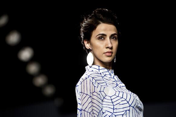 A model displays a creation by Anand Kabra during the Wills Lifestyle India Fashion Week in New Delhi.