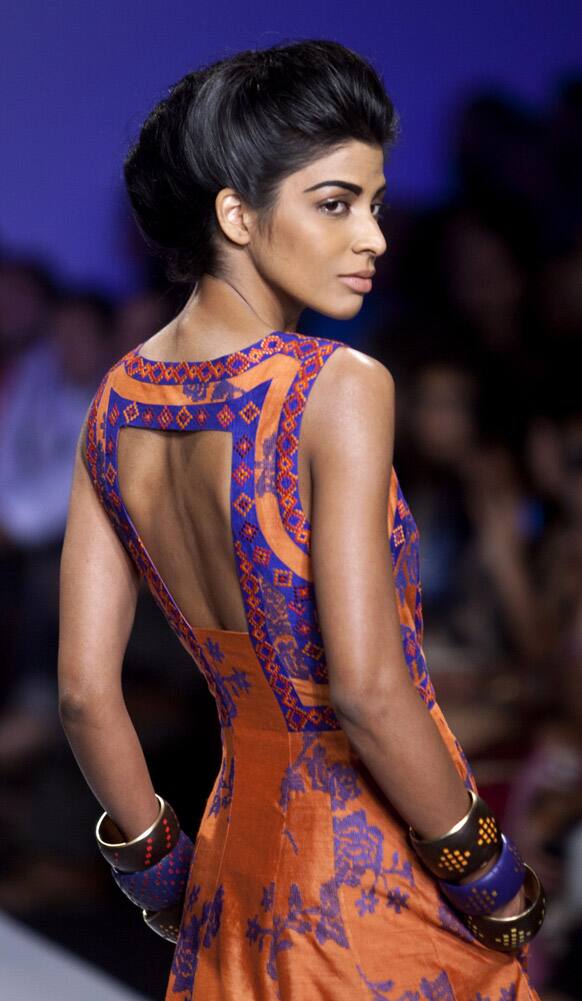 A model displays a creation by Payal Pratap during the Wills Lifestyle India Fashion Week in New Delhi