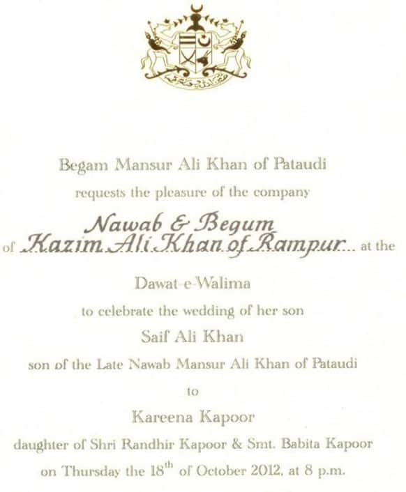 Here is an official invitation to Saif and Kareena's royal wedding. 