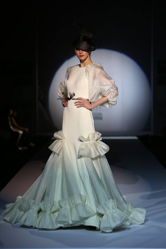 A model displays a creation by Gauri n Nainika.