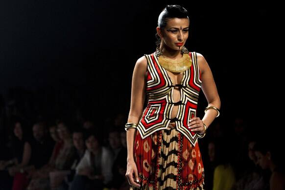 A model displays a creation by Malini Ramani during the Wills Lifestyle India Fashion Week in New Delhi.