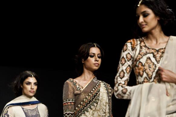 Models display creations by Vineet Bahl during the Wills Lifestyle India Fashion Week in New Delhi.