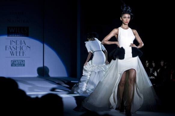 A model displays a creation by Gauri & Nainika during the Wills Lifestyle India Fashion Week in New Delhi.