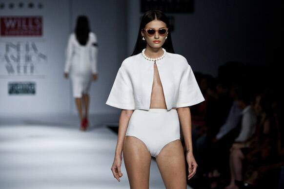 A model displays a creation by Shivan & Narresh during the Wills Lifestyle India Fashion Week in New Delhi.