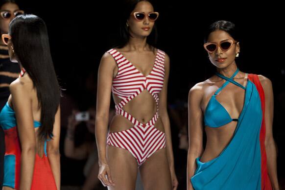 Models display creations by Shivan & Narresh during the Wills Lifestyle India Fashion Week in New Delhi.