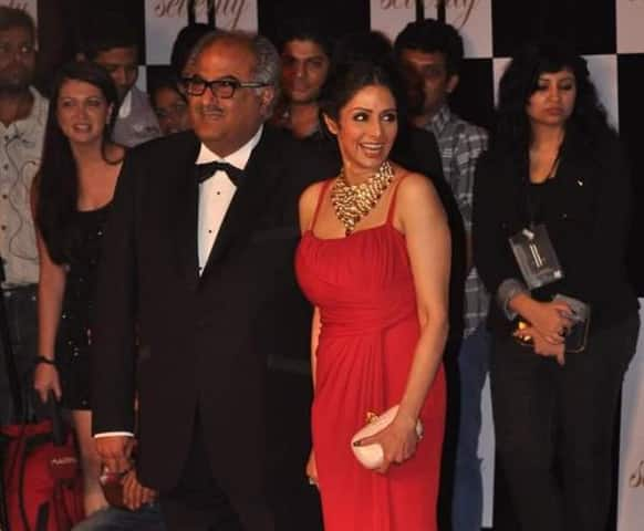 Fresh from teh success of her new film 'English Vinglish' Sridevi glowed in a red gown and posed for pictures with her husband Boney Kapoor.