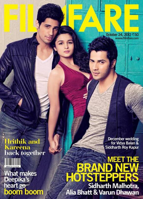 New comers Alia Bhatt,Sidharth Malhotra and Varun Dhawan feature on the cover of the latest issue of 'Filmfare' magazine.