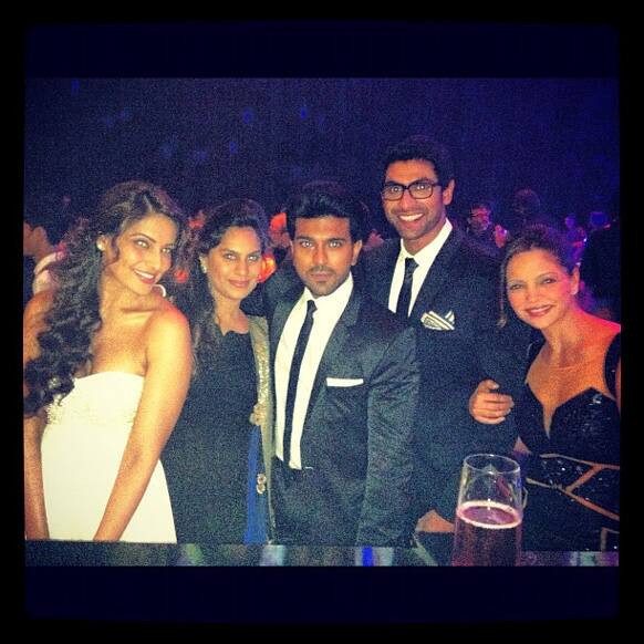 Bipasha basu, Ram Charan and his wife Upasana, Rana Daggubati and Deanne Panday at Amitabh Bachchan's 70th birtdhay bash. The picture was tweeted by Deanne.