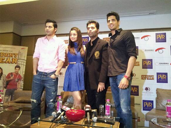 Director Karan Johar with Alia Bhatt, Varun Dhawan and Sidharth Malhotra adressed the press in Delhi and promoted their upcoming film 'Student Of The Year'.