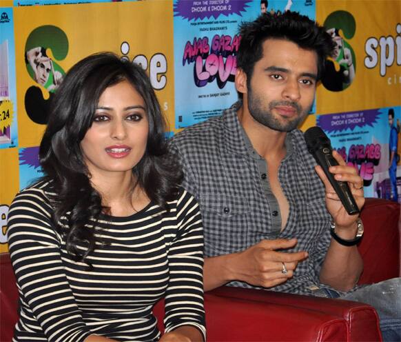 Jackky Bhagnani and Nidhi Subbaiah during a press meet in New Delhi while promoting their upcoming film 'Ajab Gazzab Love'.