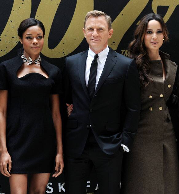 Cast members Naomie Harris, Daniel Craig and Berenice Marlohe pose together during a photo call for the new James Bond film 