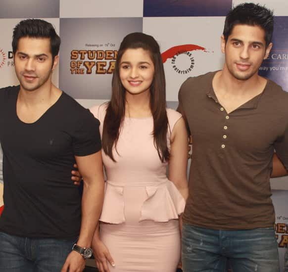 Varun Dhawan, Alia Bhatt and Siddharth Malhotra at a promotional event for 'Student Of The Year' in Delhi.