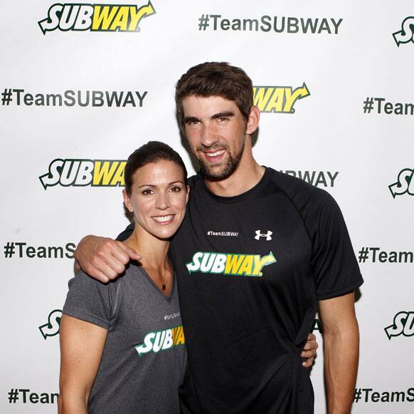 Whitney Phelps is joined by her brother, Olympic swimming champion Michael Phelps, as as she announces that she will run the ING New York City Marathon with Team SUBWAY at the Chelsea Piers Sport Center in New York.