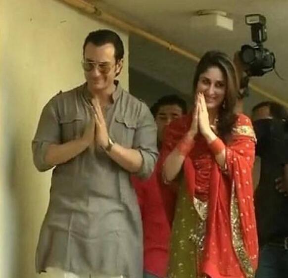 Saif Ali Khan and Kareena Kapoor, the newly-weds, come out in the open to wave to their fans.