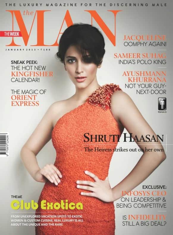 Shruti Hasaan adds a touch of glamour on the cover of the January 2013 issue of The Man magazine.