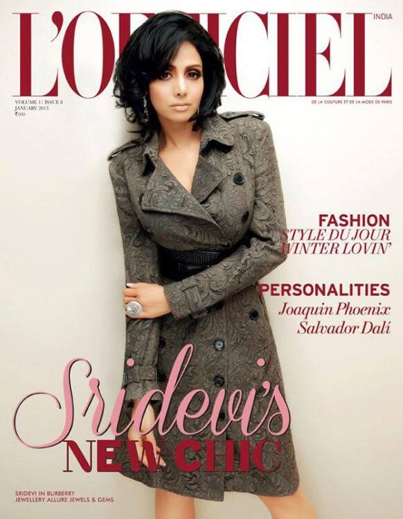 Sridevi strikes a pose in Burberry on the cover of the January 2013 issue of the L'Officiel magazine.