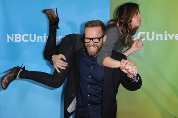 Bob Harper and Jillian Michaels, top, attend the NBC Universal Winter TCA Tour at the Langham Huntington Hotel, in Pasadena, Calif.