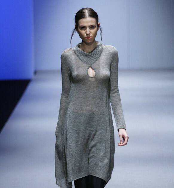 A model presents a creation from Peruvian designer Sumy Kujon's fall/winter collection during Fashion Week in Hong Kong.