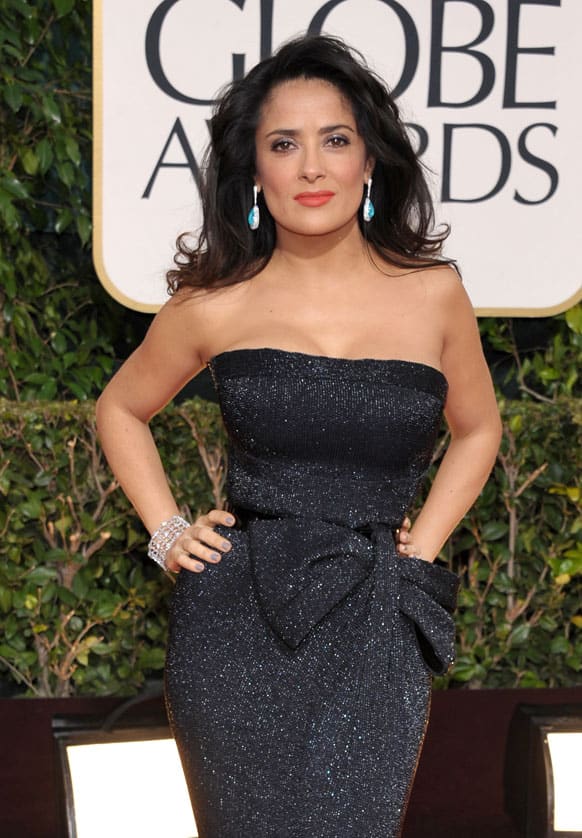 Actress Salma Hayek arrives at the 70th Annual Golden Globe Awards at the Beverly Hilton Hotel.