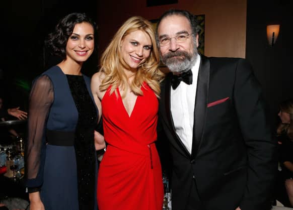 From left, Morena Baccarin, Claire Danes, and Mandy Patinkin attend the Fox Golden Globes Party in Beverly Hills, Calif.