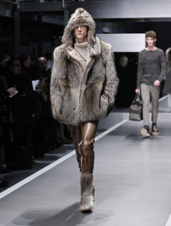 A model wears a creation for Fendi men's Fall-Winter 2013-14 collection, part of the Milan Fashion Week.