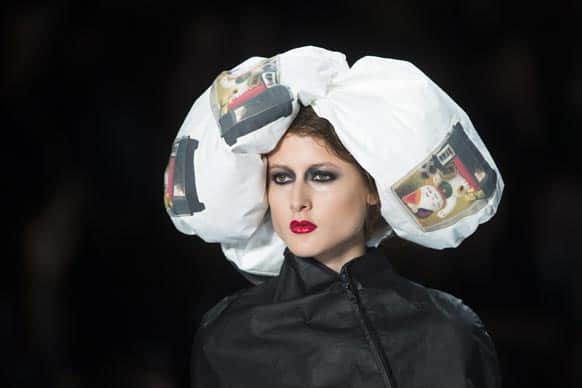 A model presents a creation by designer Adelina Ivan as part of the Mercedes Benz Fashion Week.