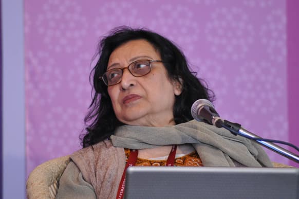 Authors Anju Makhija and Fahmida Riaz in conversation with William Darymple on the topic titled 'Shah Abdul Latif' at the Baithak hall of the Diggi Palace.