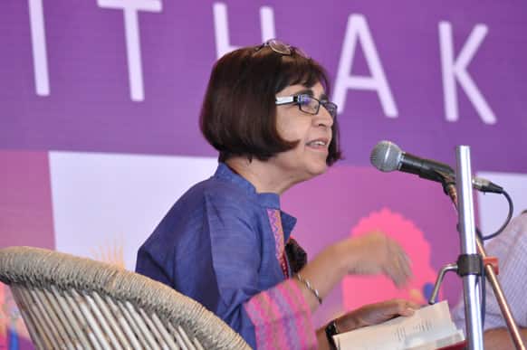 Authors Anju Makhija and Fahmida Riaz in conversation with William Darymple on the topic titled 'Shah Abdul Latif' at the Baithak hall of the Diggi Palace.