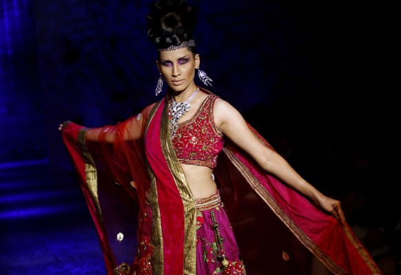 A model displays an ethnic creation by Ramesh Dembla at the Bangalore Fashion Week.