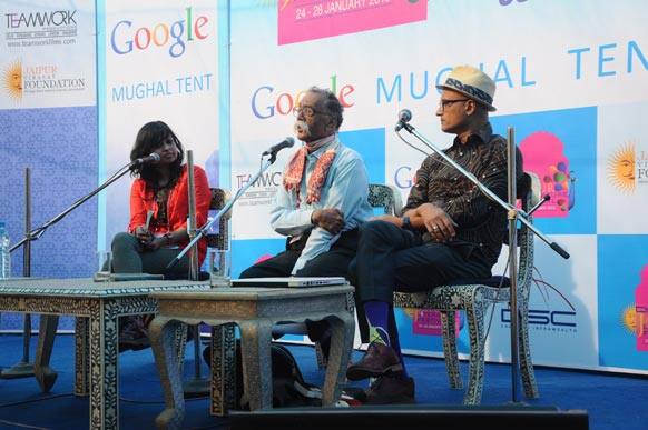 Bhalchandra Nemade and Jeet Thayil in conversation with Rupleena Bose in the session titled 'A Rebel State'.