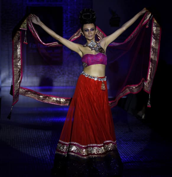 A model displays an ethnic creation by Ramesh Dembla at the Bangalore Fashion Week.