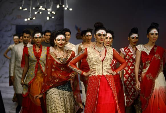 Models present creations by Abhishek Dutta at the Bangalore Fashion Week.