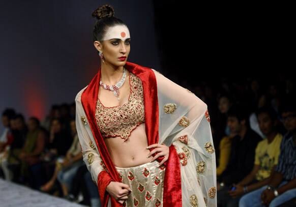 A model presents a creation by Abhishek Dutta at the Bangalore Fashion Week.